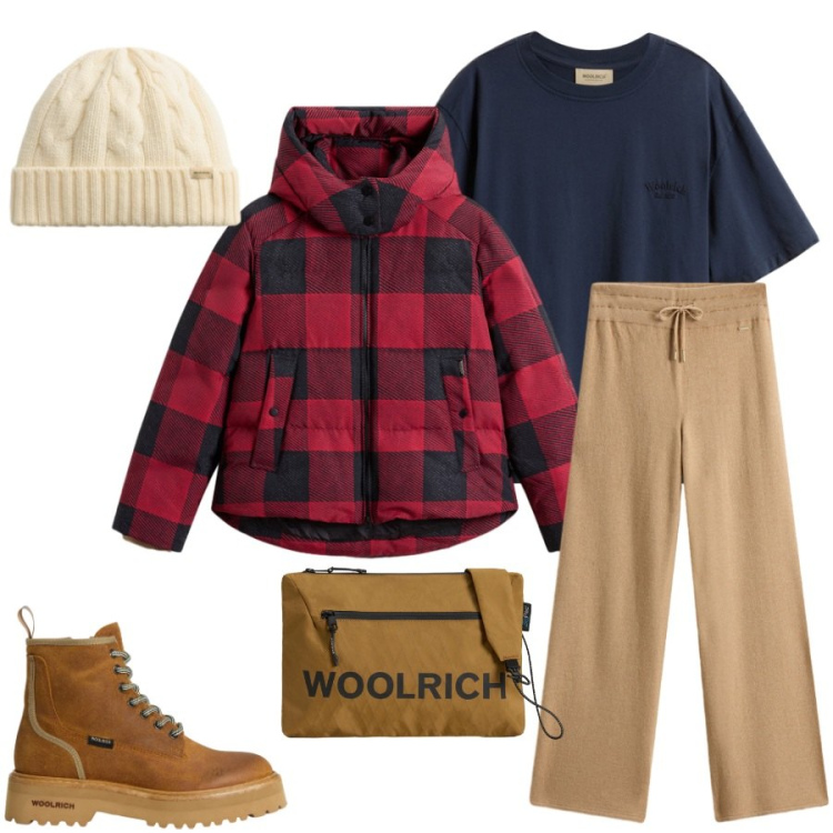 Outfit donna - Calore a quadri. Stile Urban per Tutti i giorni. Abbinamento con borse a tracolla, t-shirt, pantaloni, anfibi, berretti, piumini.