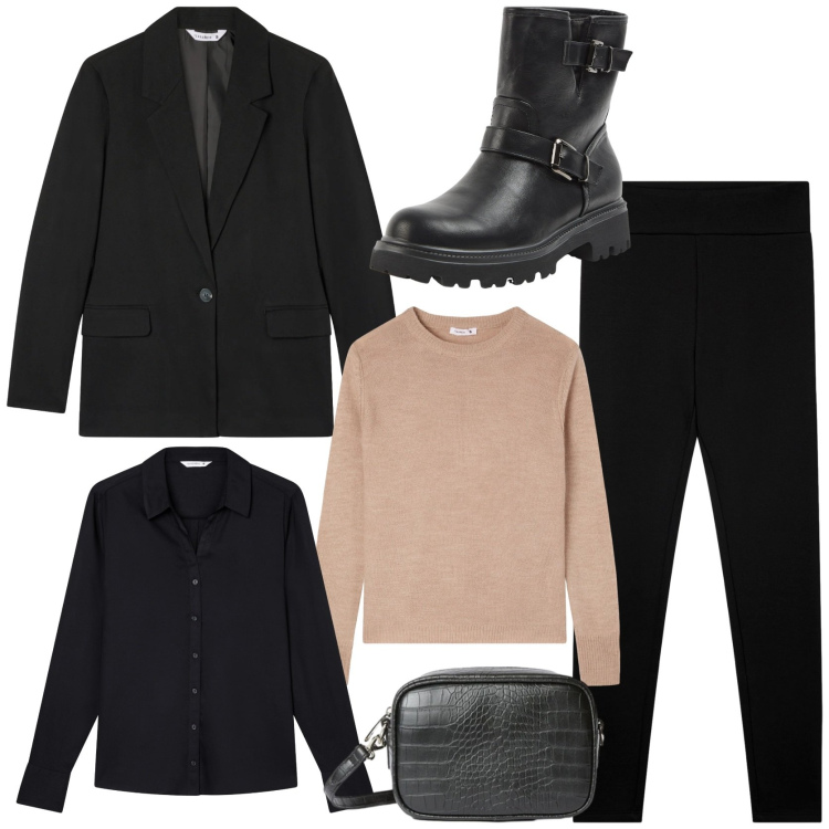 Outfit donna - Ufficio. Stile Casual chic per Tutti i giorni. Abbinamento con leggings, maglieria, blazer, stivaletti, camicie, borse a tracolla.