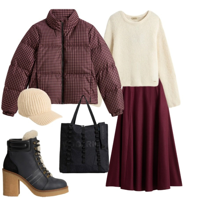 Outfit donna - Lady Woolrich. Stile Urban per Tutti i giorni. Abbinamento con borse tote, piumini, gonne lunghe, stivaletti, maglieria, cappelli.