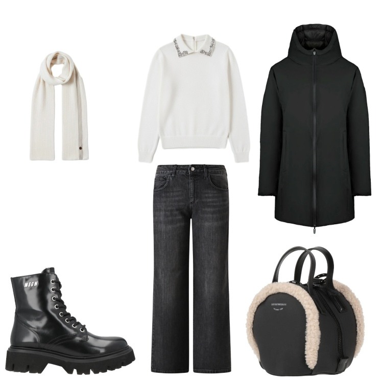 Outfit donna - Total look #2318816. Stile Casual Abbinamento con zaini, anfibi, jeans dritti, pullovers, sciarpe, piumini.