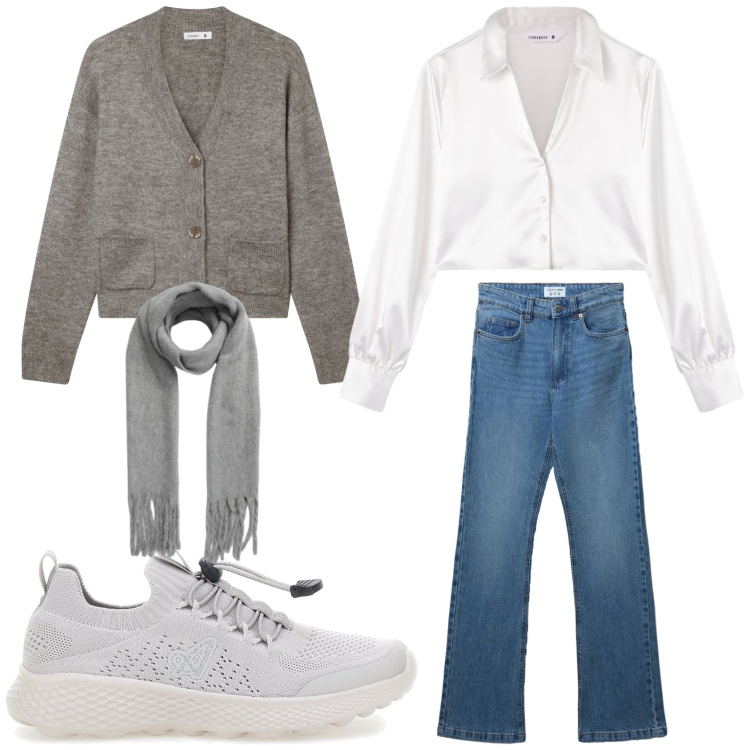 Outfit donna - Terranova saldi. Stile Basic per Tutti i giorni. Abbinamento con cardigans, camicie, jeans bootcut, sciarpe, sneakers.