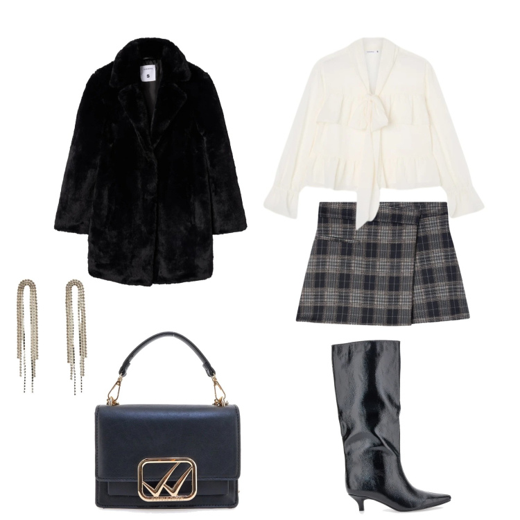 Outfit donna - Total look #2318827. Stile Chic per Serata fuori. Abbinamento con minigonne, orecchini, camicie, cappotti, stivali, borse a tracolla.