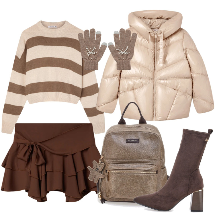 Outfit donna - Dai carattere a una gonna con ruches. Stile Romantica per Tutti i giorni. Abbinamento con maglieria, minigonne, guanti, giacche, stivaletti, zaini.