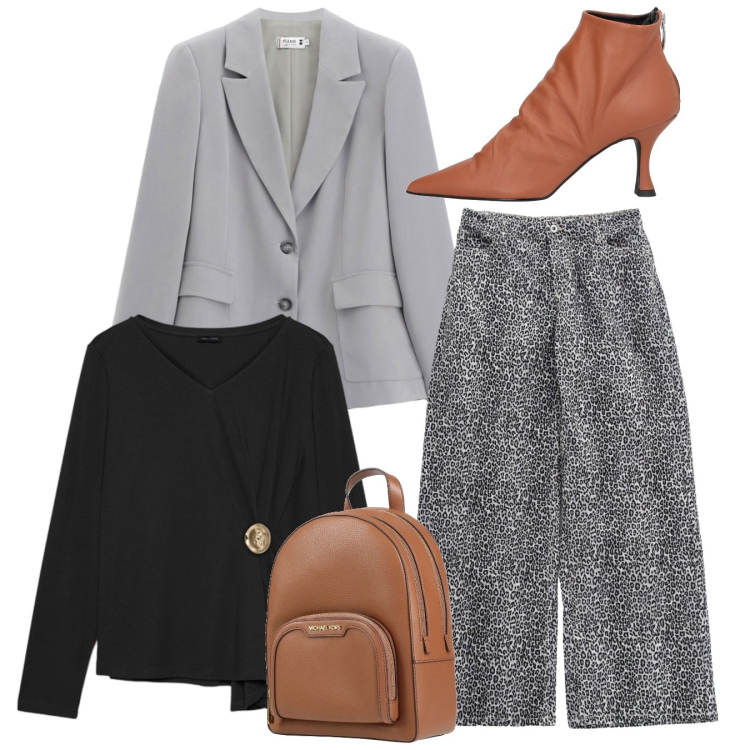 Outfit donna - Total look. Stile Bon Ton per Ufficio. Abbinamento con zaini, stivaletti, pantaloni, blazer, t-shirt.