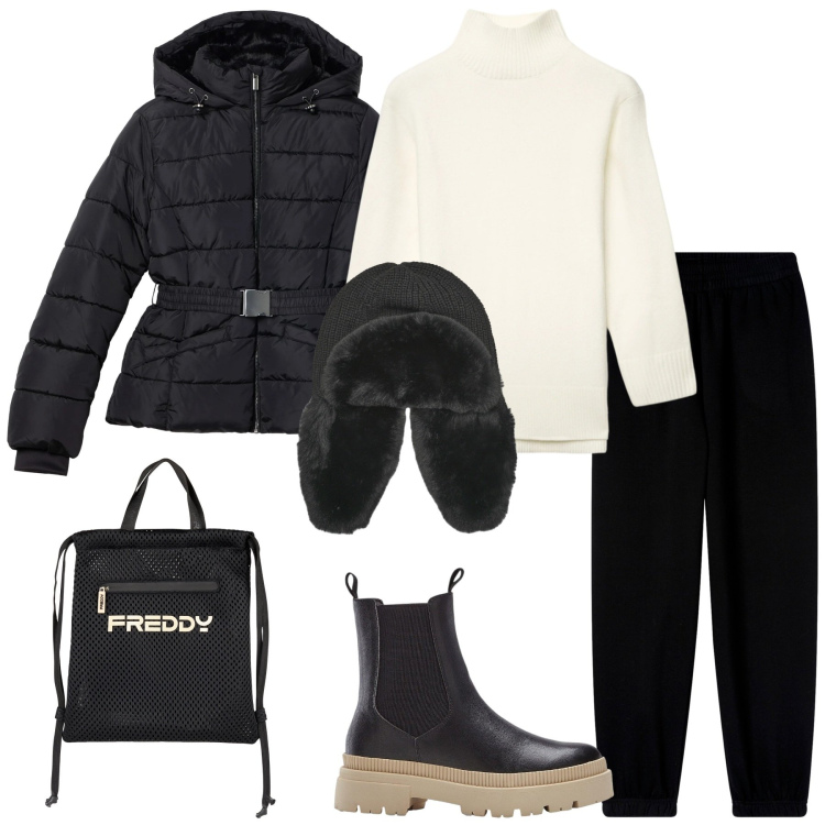 Outfit donna - Confortevole sotto la neve. Stile Sporty chic per Tutti i giorni. Abbinamento con stivaletti chelsea, piumini, pantaloni, maglieria, berretti, zaini.