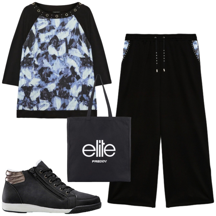 Outfit donna - Gennaio. Stile Casual per Tutti i giorni. Abbinamento con sneakers alte, shopping bag, pantaloni a palazzo, bluse.