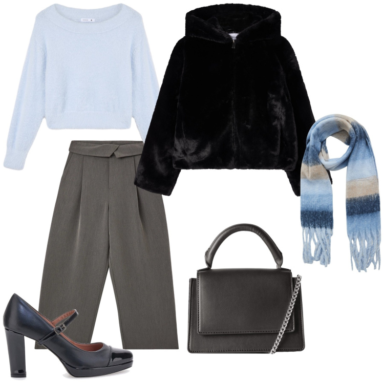 Outfit donna - Day by day in ufficio. Stile Casual chic per Tutti i giorni. Abbinamento con pantaloni, ecopellicce, maglieria, sciarpe, borse a tracolla, décolleté.