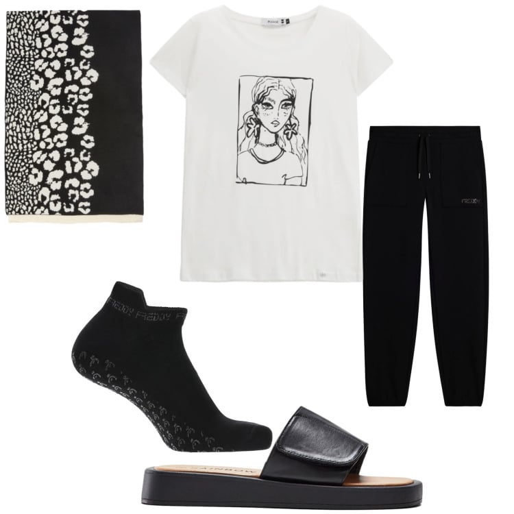 Outfit donna - Oggi smartworking. Stile Basic per Ufficio. Abbinamento con ciabatte, t-shirt, pantaloni, calzini, sciarpe.