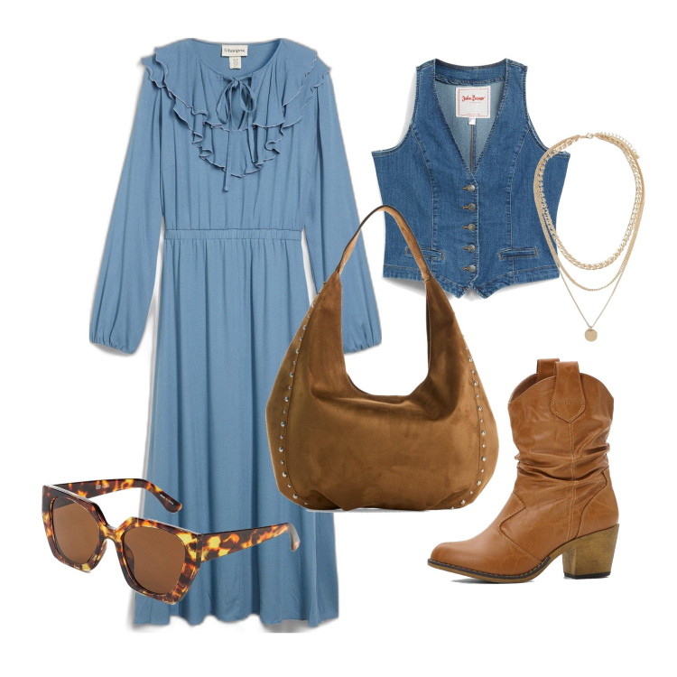 Outfit femme - Janvier. Style Boho pour Tous les jours. Assortir avec bottines texanes, gilets sans manche, lunettes de soleil, robes longues, sac cabas, colliers.