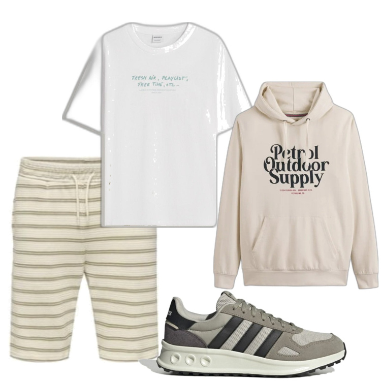 Outfit hombre - Casual look. Estilo Casual para Todos los días. Combinación con pantalones cortos, sudaderas con capucha, camiseta, sneakers.