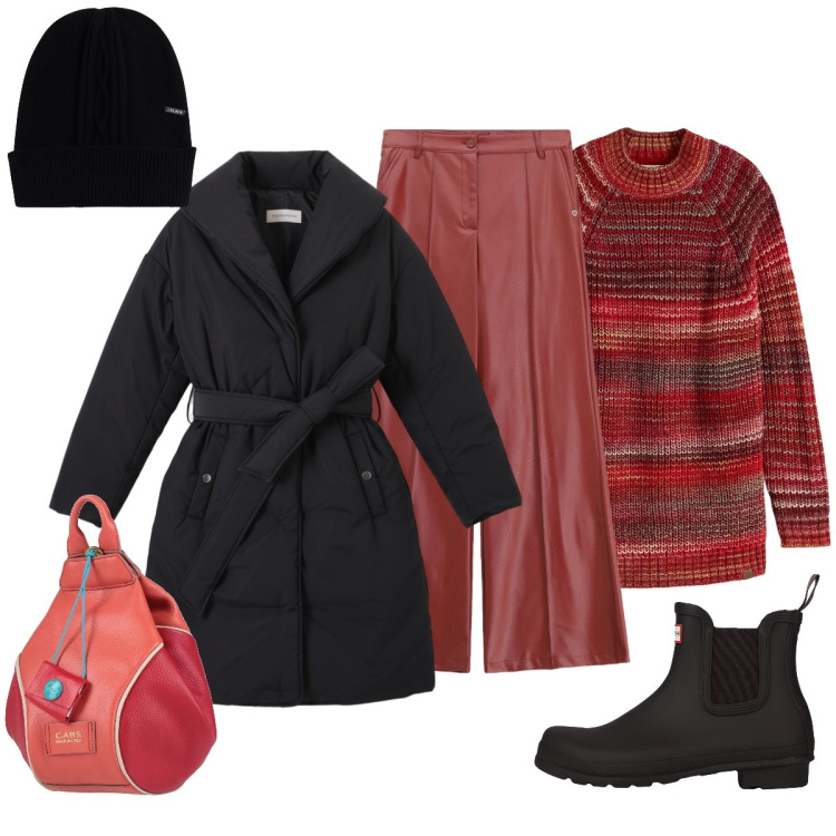 Outfit donna - Il caldo piumino come un trench. Stile Urban per Tutti i giorni. Abbinamento con maglieria, zaini, stivaletti, pantaloni, berretti, piumini.