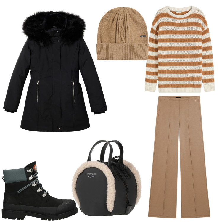 Outfit donna - Calda Comodità. Stile Casual per Tutti i giorni. Abbinamento con maglieria, zaini, stivaletti, parka, pantaloni, berretti.