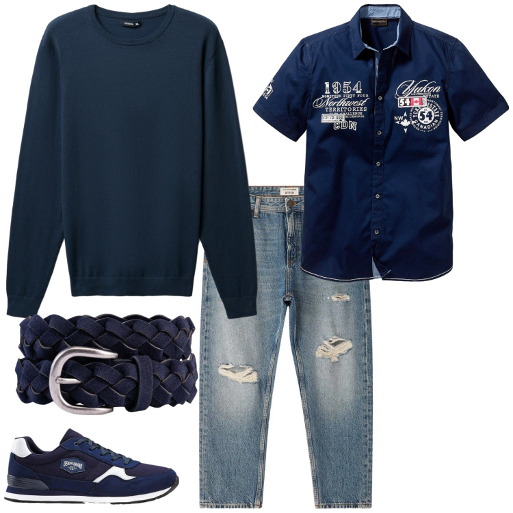 Outfit uomo - Total look #2318999. Stile Casual per Tutti i giorni. Abbinamento con camicie a manica corta, sneakers, jeans strappati, maglieria, cinture.