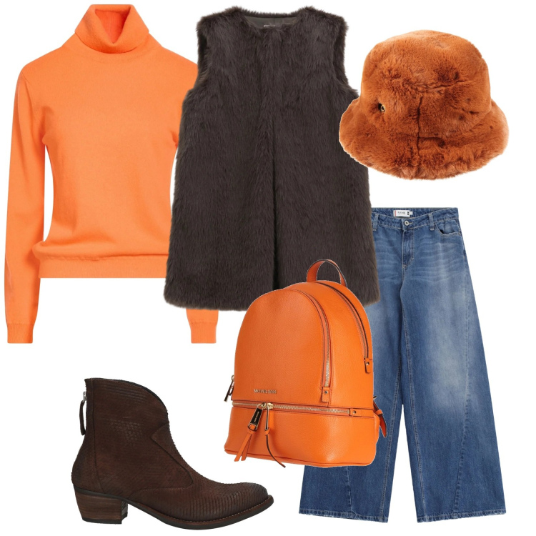 Outfit donna - Effetto pelliccia. Stile Trendy per Tutti i giorni. Abbinamento con zaini, maglieria, cappelli, stivaletti texani, jeans, gilet.