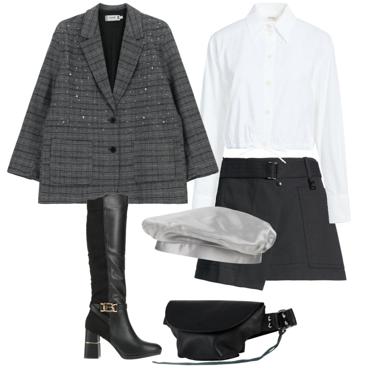 Outfit donna - Blazer a quadri. Stile Glamour per Serata fuori. Abbinamento con cappelli e berretti, marsupi, minigonne, camicie, stivali, blazer.