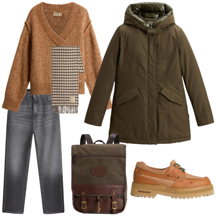 Outfit donna - Holiday look Woolrich saldi. Stile Urban per Tutti i giorni. Abbinamento con parka, jeans, zaini, maglieria, mocassini, sciarpe.