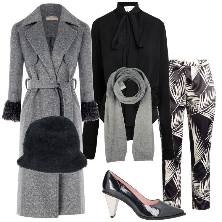 Outfit donna - Serata a teatro. Stile Chic per Serata fuori. Abbinamento con cappelli, body, pantaloni, décolleté, sciarpe, cappotti.