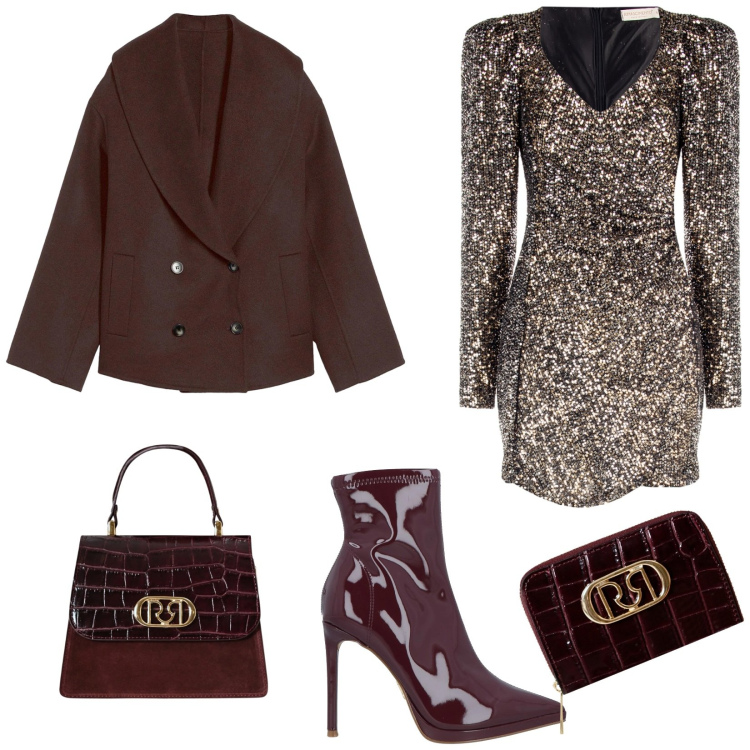 Outfit donna - Total look #2319026. Stile Glamour per Serata fuori. Abbinamento con caban, stivaletti, portafogli, borse a mano, vestiti corti.