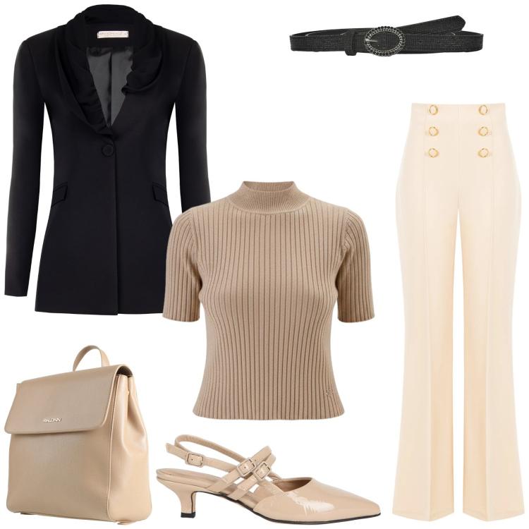 Outfit donna - pantalone bianco must have del moment. Stile Chic per Ufficio. Abbinamento con zaini, décolleté, cinture, pantaloni, blazer, pullovers.