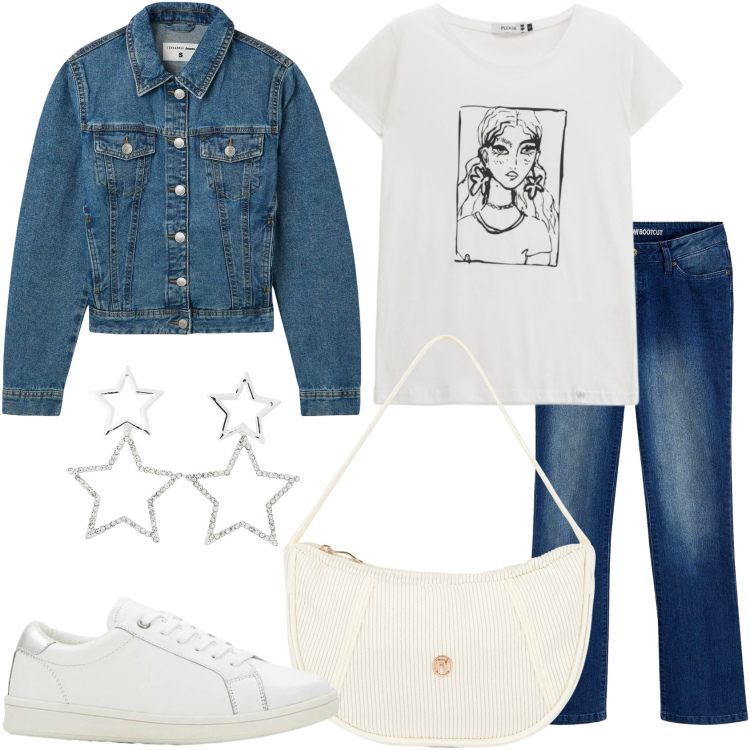 Outfit donna - Tutto in jeans. Stile Casual per Tutti i giorni. Abbinamento con sneakers, jeans bootcut, blazer, orecchini, t-shirt, borse a mano.