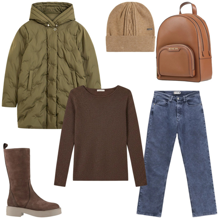 Outfit donna - Streetwear. Stile Urban per Tutti i giorni. Abbinamento con giacche, zaini, stivali, pullovers, jeans dritti, berretti.