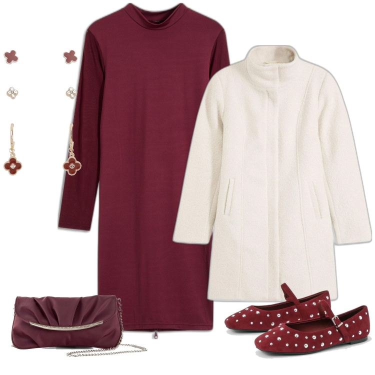 Outfit femme - Romantique Bordeaux. Style Romantique pour Soirée dehors. Assortir avec manteaux, robes, pochette, ballerines, boucles d'oreilles.