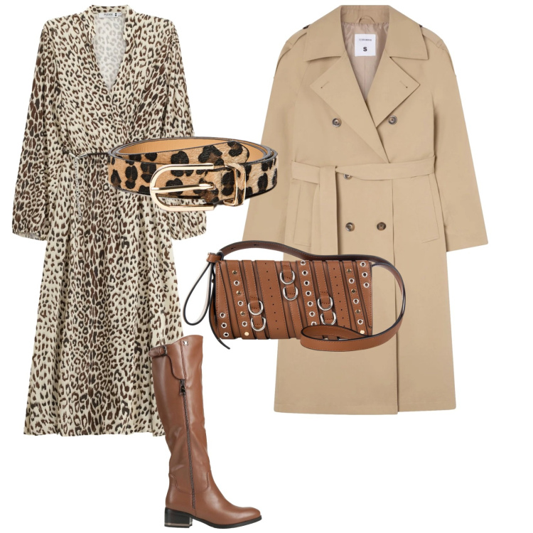 Outfit donna - Maculato. per Ufficio. Abbinamento con stivali, trench, borse a spalla, vestiti midi/longuette, cinture.