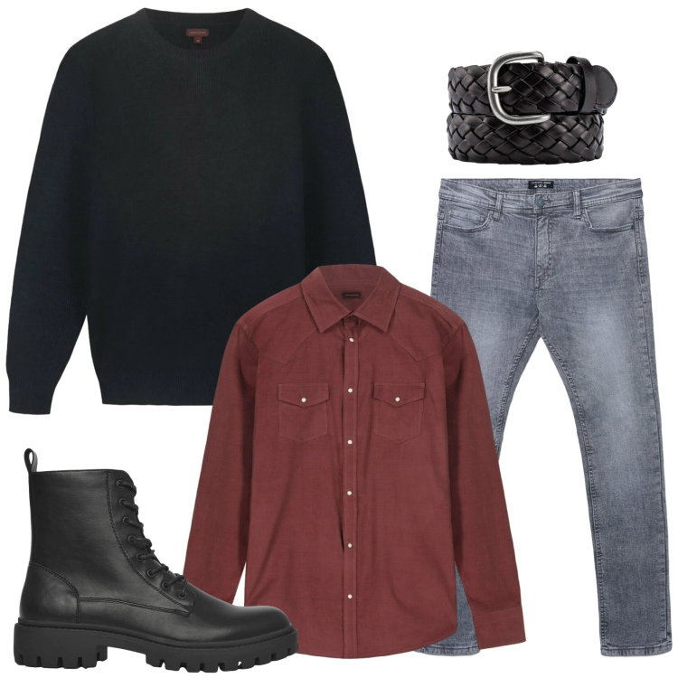 Outfit uomo - Total look #2319074. Stile Casual per Tutti i giorni. Abbinamento con anfibi, jeans skinny, cinture, camicie, maglieria.