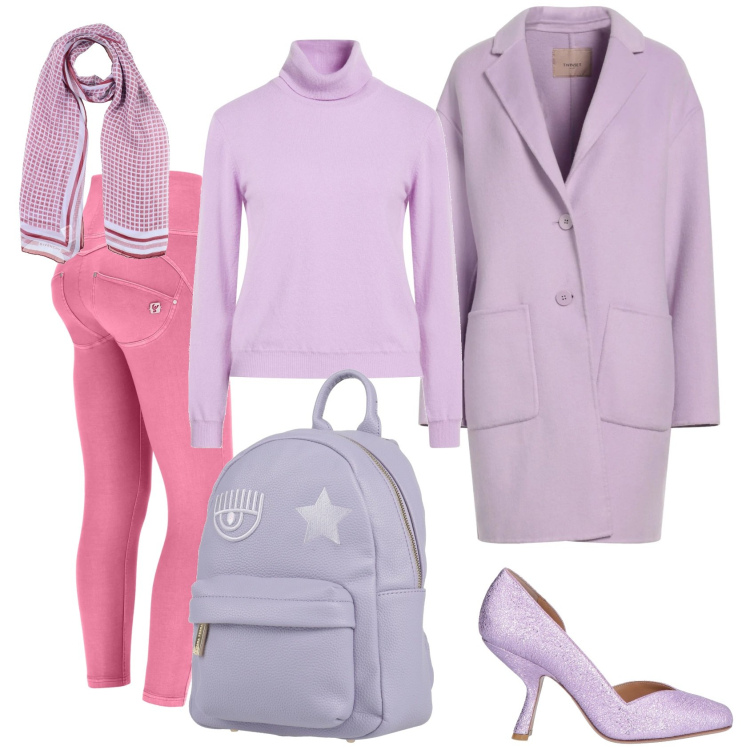 Outfit donna - Total look #2319075. Stile Casual chic per Ufficio. Abbinamento con décolleté, zaini, cappotti, maglieria, sciarpe, pantaloni skinny.