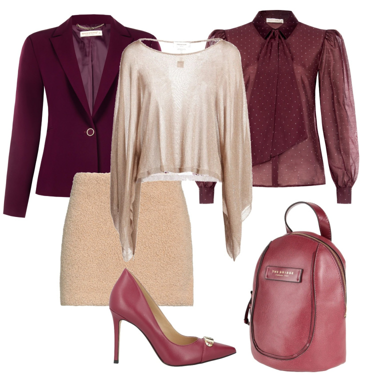 Outfit donna - Total look #2319076. Stile Chic per Serata fuori. Abbinamento con pullovers, minigonne, zaini, décolleté, blazer, camicie.