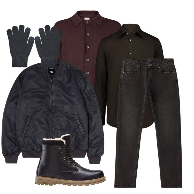 Outfit uomo - Stratificazioni profonde. Stile Urban per Tutti i giorni. Abbinamento con stivali e stivaletti, bomber, jeans, guanti, camicie, polo.
