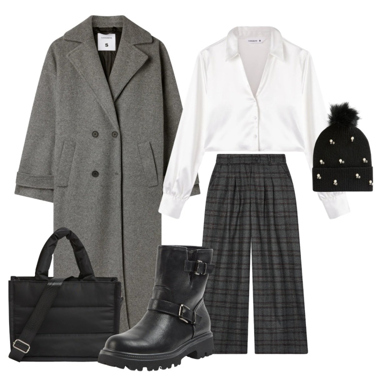 Outfit donna - Grigio. Stile Casual chic per Scuola/Università. Abbinamento con cappotti, stivaletti, camicie, shopping bag, berretti, pantaloni.