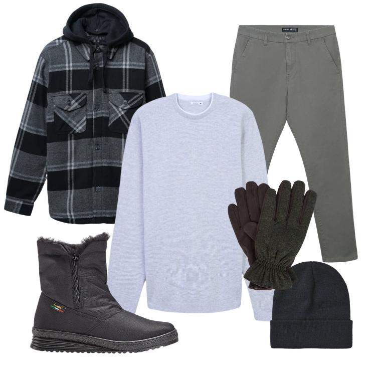 Outfit uomo - Sabato pomeriggio. Stile Casual per Tutti i giorni. Abbinamento con stivali e stivaletti, pantaloni chino, berretti, maglieria, giacche, guanti.