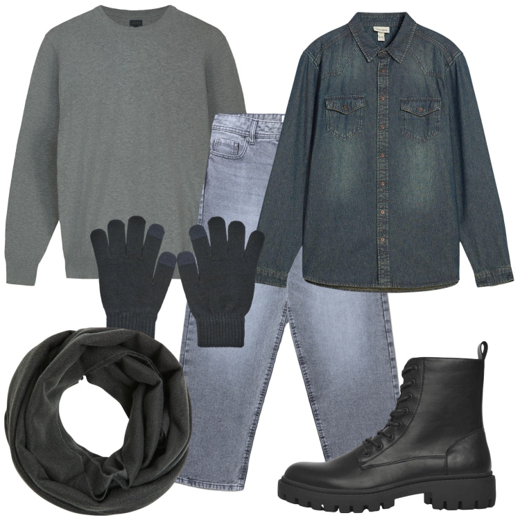 Outfit uomo - Casual grey. Stile Casual per Tutti i giorni. Abbinamento con camicie, sciarpe, anfibi, jeans, guanti, maglieria.