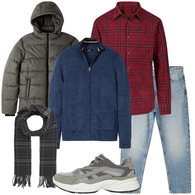 Outfit uomo - Weekend lento. Stile Casual per Tutti i giorni. Abbinamento con cardigans, jeans dritti, sneakers, sciarpe, bomber, camicie.