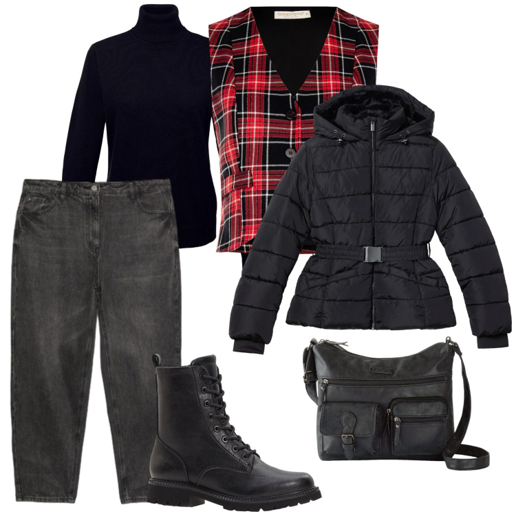 Outfit donna - Commissioni. per Tutti i giorni. Abbinamento con maglieria, borse a tracolla, stivaletti, piumini, gilet, jeans mom.