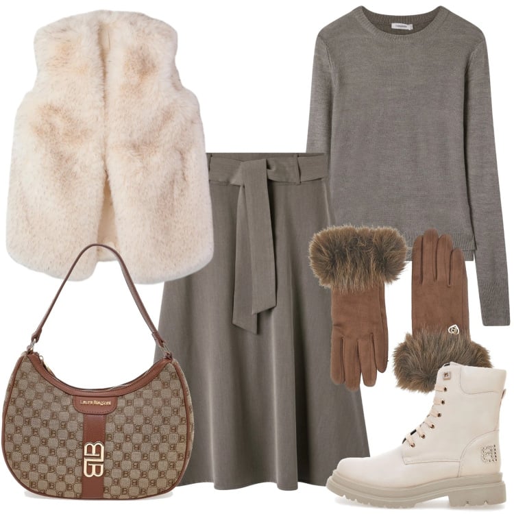 Outfit donna - Gilet ecopelliccia. Stile Casual chic per Tutti i giorni. Abbinamento con gonne lunghe, maglieria, piumini, anfibi, borse a spalla, guanti.