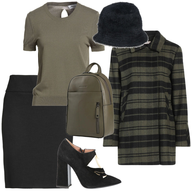 Outfit donna - Un po\' retrò. per Ufficio. Abbinamento con cappotti, stivaletti, zaini, minigonne, pullovers, cappelli.