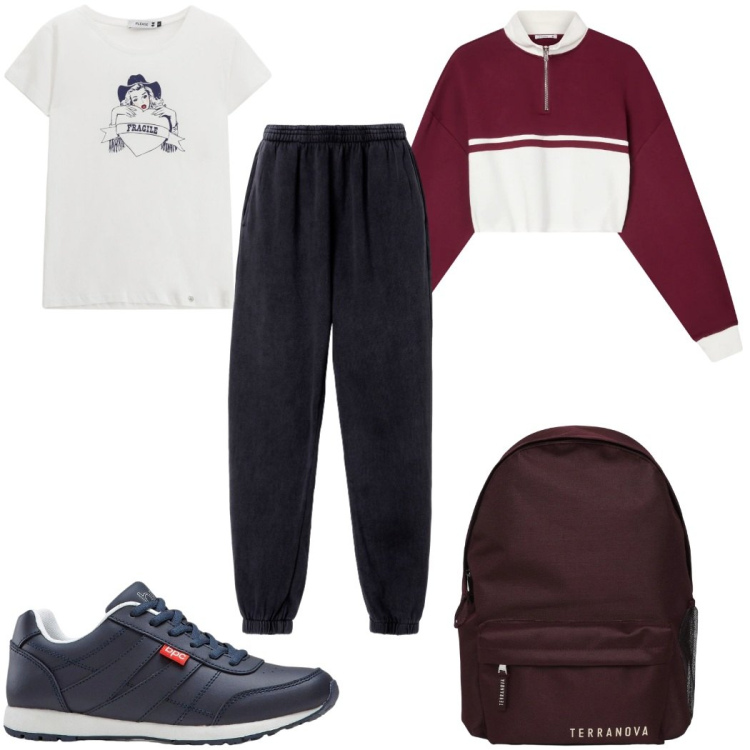 Outfit donna - Gennaio è arrivato: in palestra. Stile Basic per Sport. Abbinamento con sneakers, zaini, pantaloni, felpe, t-shirt.