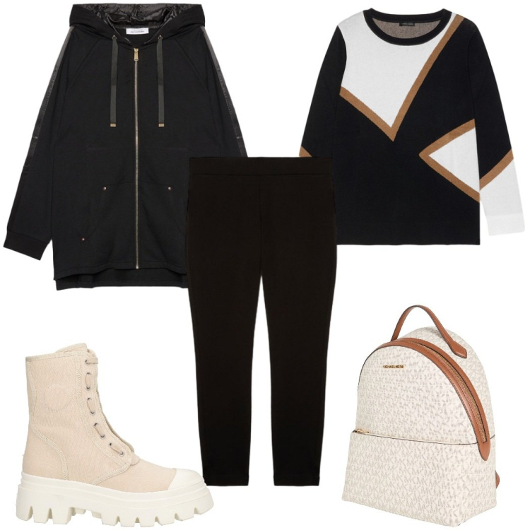 Outfit donna - Gennaio è arrivato: Black & White. Stile Trendy per Tutti i giorni. Abbinamento con zaini, stivaletti, felpe con cappuccio, maglieria, leggings.
