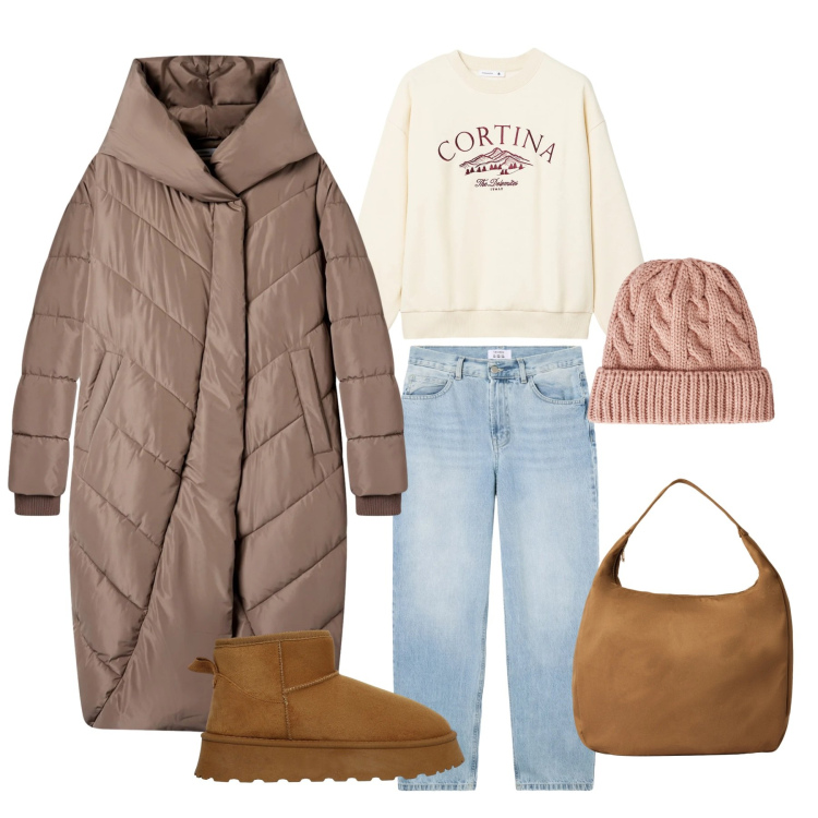 Outfit donna - Comfort urbano. Stile Casual per Tutti i giorni. Abbinamento con cappotti, borse a mano, berretti, felpe, jeans dritti, stivali.