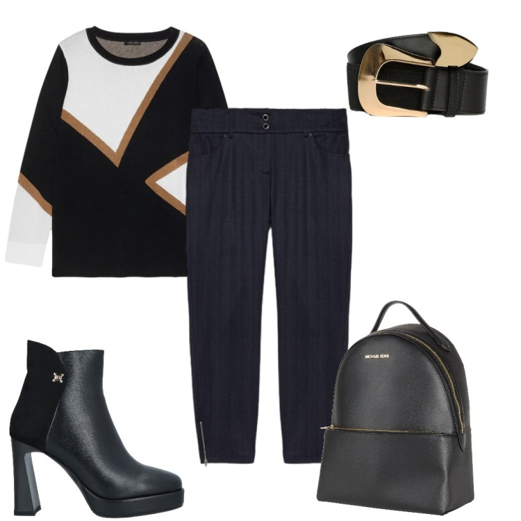 Outfit donna - Knitwear oversize: in ufficio. Stile Trendy per Ufficio. Abbinamento con stivaletti, zaini, maglieria, pantaloni skinny, cinture.