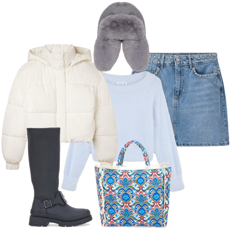 Outfit donna - Con le amiche. Stile Casual chic per Tutti i giorni. Abbinamento con maglieria, berretti, bomber, minigonne, stivali, shopping bag.