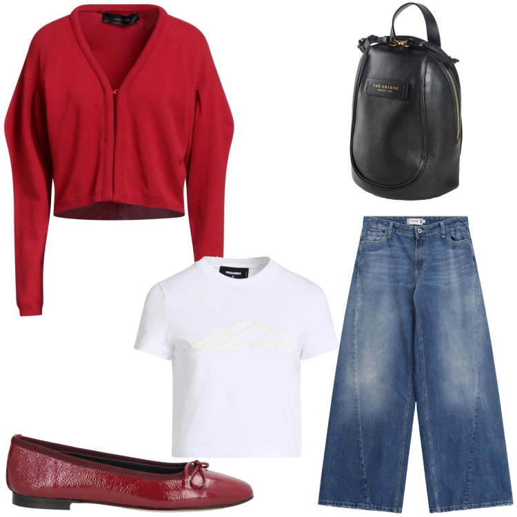 Outfit donna - Simple workwear outfit. Stile Basic per Ufficio. Abbinamento con ballerine, zaini, cardigans, t-shirt, jeans.