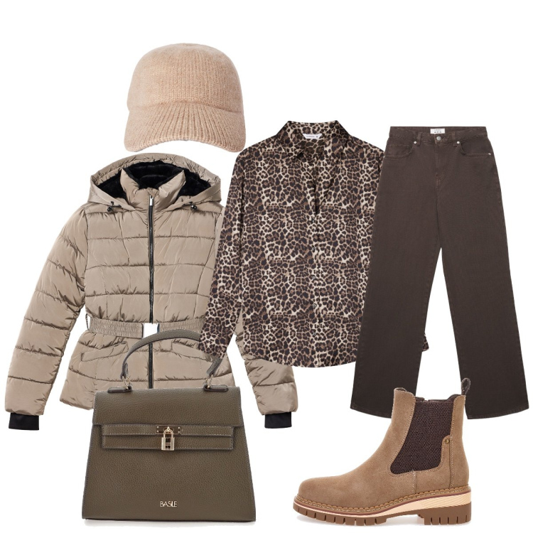 Outfit donna - Con il caldo berretto. Stile Casual chic per Tutti i giorni. Abbinamento con piumini, camicie, cappelli con visiera, jeans, stivaletti chelsea, borse a mano.