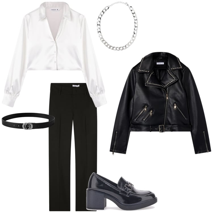 Outfit donna - Elegante con il chiodo. Stile Rock per Tutti i giorni. Abbinamento con giacche, camicie, pantaloni, collane, cinture, mocassini.