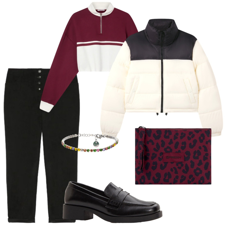 Outfit donna - In libreria. per Scuola/Università. Abbinamento con mocassini, bomber, felpe, braccialetti, clutch, pantaloni.