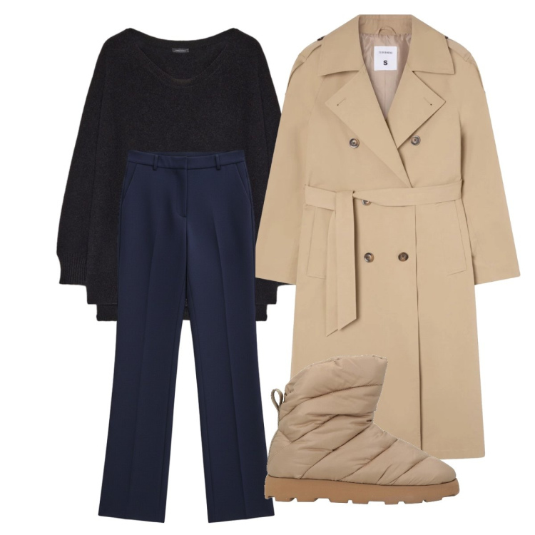 Outfit donna - Stile soft per mattine slow. Stile Basic per Tutti i giorni. Abbinamento con stivaletti, trench, pantaloni a palazzo, pullovers.