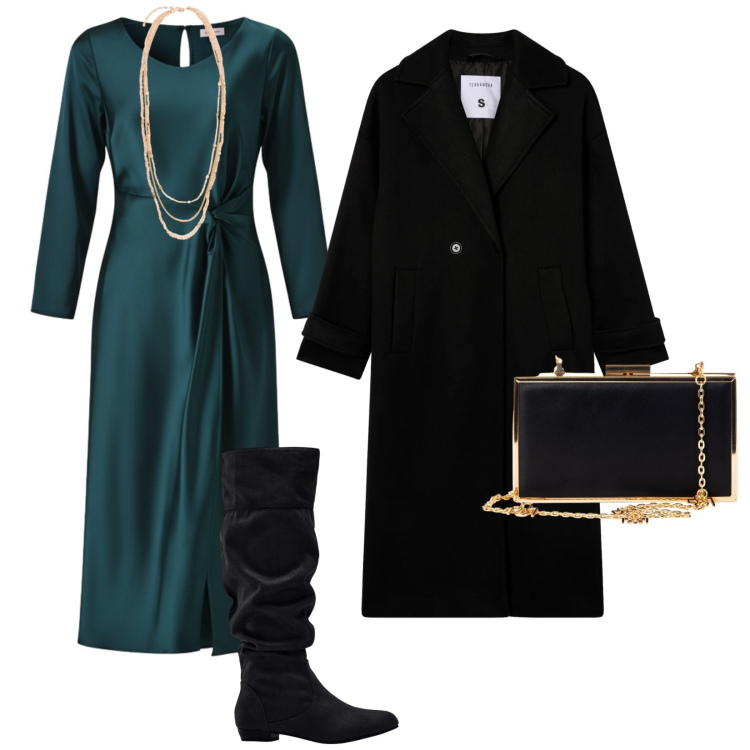 Outfit donna - Una serata per noi due. per Serata fuori. Abbinamento con stivali, cappotti, vestiti midi/longuette, pochette, collane.