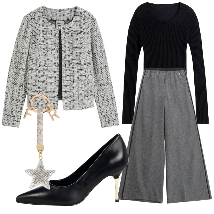 Outfit donna - Grigio nero, nero grigio. Stile Chic per Tutti i giorni. look ideale per Tall. Abbinamento con maglieria, cardigans, pantaloni, décolleté, portachiavi.